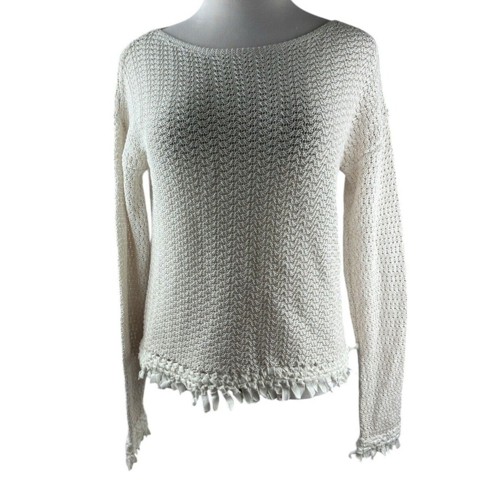 ✨2/$20 White + Warren Open Knit Fringe Trim Sweater Oatmeal Large Boho Coastal - Picture 11 of 16